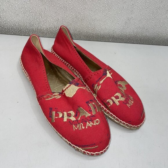 Prada Women’s Espadrille Flats  Red Canvas with Gold Embroidered Logo – Size 8.5 - Picture 1 of 1